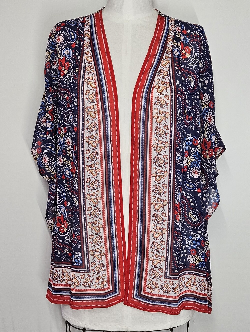 Belle by Kim Graver M Duster Kimono Cardigan Sheer Chiffon Red Blue Floral Boho